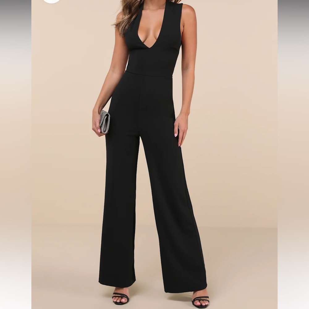 Lulu's Black Deep-V Wide-Leg Jumpsuit